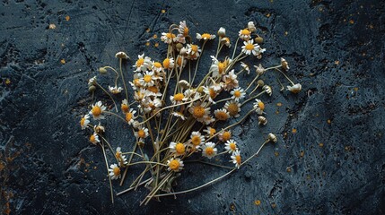 Poster -  A cluster of white and yellow blossoms resting on a dark background with droplets of water adorning their tips