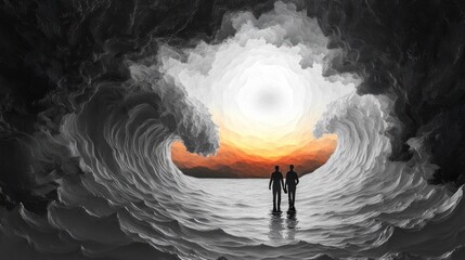 Canvas Print - A surreal scene of two figures standing before massive waves at sunset.