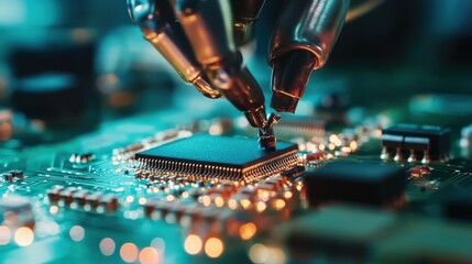 Poster - a robotic arm is meticulously placing a microchip onto a circuit board, showcasing precision enginee