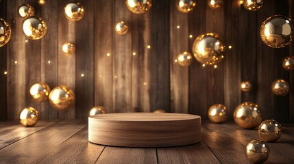 Wall Mural - golden stage with ball shapes. luxry empty display with golden balls