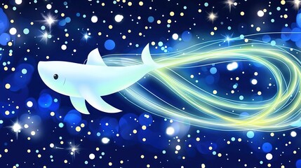 Sticker -   A white fish swims in a blue ocean with bubbles and stars in the sky Stars in the background too