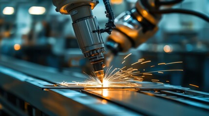Poster - The robot welder operates efficiently, generating bright sparks while welding metal components in a factory setting under artificial lights