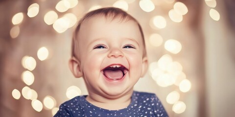 Wall Mural - a baby laughing with a christmas light in the background