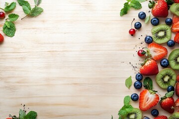 Wall Mural - fresh fruits and mint leaves on a wooden surface with copy space.