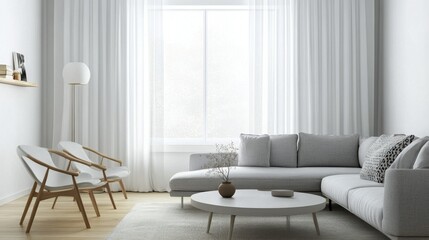 Poster - Modern living room with minimalist furniture and large windows letting in natural light