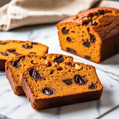 Poster - Freshly baked pumpkin bread with three slices in the foreground, which are with chocolate chips and walnuts