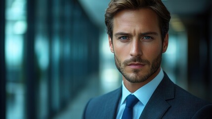 Young man in a suit poses confidently in a modern office building with large windows during daylight hours