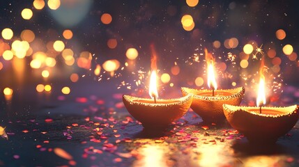 Happy Diwali festival with lit Diya. Traditional oil lamps shimmer background. Hindi Celebration