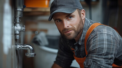 Dedicated plumber in uniform inspecting pipes while kneeling at a residential site during a busy workday