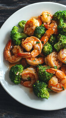 Minimalist picture of a healthy meal with fried shrimps and broccoli on a white plate