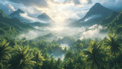 Canvas Print - Tropical Paradise: Lush Mountains & Misty Valley