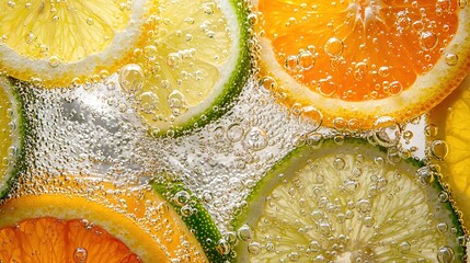 Sticker -   A bowl contains lemons, limes, and oranges submerged in water with bubbles on the surface