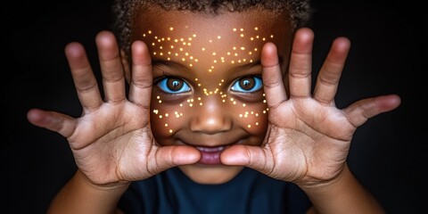 Wall Mural - a young boy with his hands in front of his face