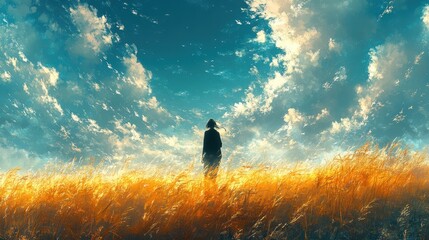 Poster - A solitary figure stands in a golden field under a dramatic sky.