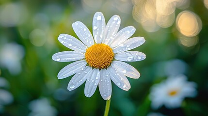 Sticker -   A white and yellow flower with water droplets on a green grass background