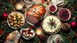 © Darya - A beautifully arranged Christmas feast showcases a succulent roasted ham, creamy mashed potatoes, vibrant cranberry sauce, and festive decorations surrounding the table