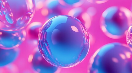 Spheres or balls merge like liquid wax drops or metaballs in-air. Liquid gradient of blue colors on beautiful drops with glow, scattering light inside. 