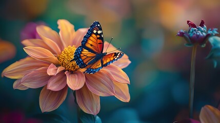 Sticker -   Butterfly on flower with blurry sky