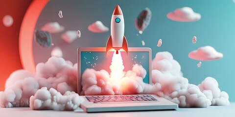 Wall Mural - 3D animated cartoon of rocket launching from laptop isolated on blue background