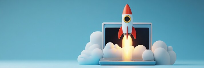 Wall Mural - 3D animated cartoon of rocket launching from laptop isolated on blue background
