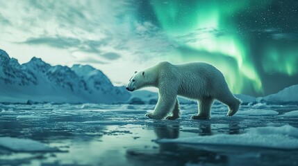 Wall Mural -  Polar bear walking on water under green-blue sky with auroras in background