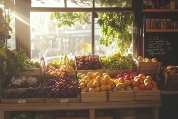 A vibrant display of fresh fruits in wooden crates, illuminated by sunlight.