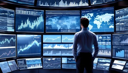 Wall Mural - Dynamic analysis of investment portfolios and market trends by a finance professional with multiple high-definition screens highlighting complexity and growth potential