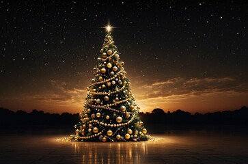 a large christmas tree with gold ornaments and a star on a dark landscape