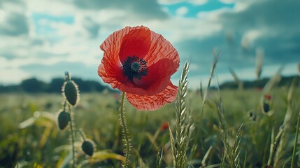 Sticker -   Red poppy in green grass under blue sky with puffy clouds in background