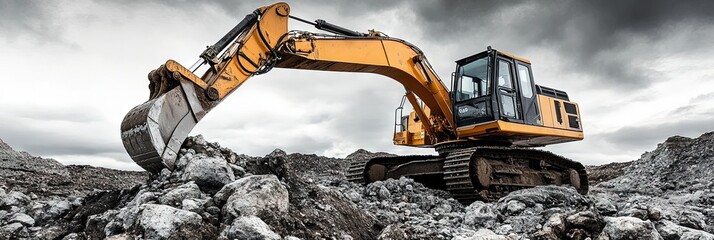 Excavator on a rocky site, breaking through tough terrain.