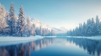 Poster -   A lake encircled by snow-capped trees amidst a forest, with snowy terrain & a distant mountain