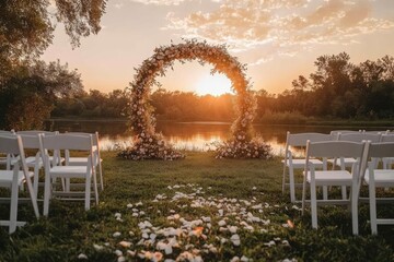 Wall Mural - Beautiful wedding decoration at sunset. Wedding ceremony venue. Round arch, white chairs, cute, fashionable decor. Part of holiday decor, with generative ai