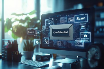 Poster - Computer screen displaying scam alert with urgent emails in a dimly lit office