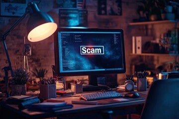 Poster - Computer screen displaying a scam email on a cluttered desk in a dimly lit room emphasizing cyber threats