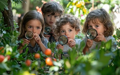 A group of curious children exploring nature with magnifying glasses, surrounded by lush greenery and bright flowers