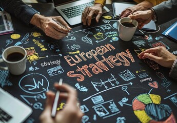 Poster - Group of businesspeople gathered around a table discussing strategy with hand-drawn charts and diagrams in a collaborative work environment