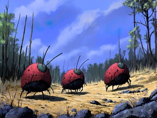 Canvas Print - Three Fantasy Bugs Walking Through a Forest