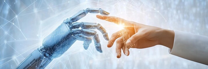 robot hand vs human hand touching in a digital world and virtual graphic interface for collaboration with artificial intelligence