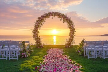 Wall Mural - Beautiful wedding decoration at sunset. Wedding ceremony venue. Round arch, white chairs, cute, fashionable decor. Part of holiday decor, with generative ai