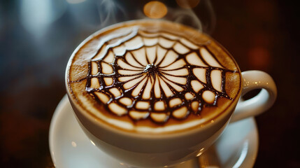 Take a moment to enjoy the exquisite beauty of coffee adorned with an enchanting spider web