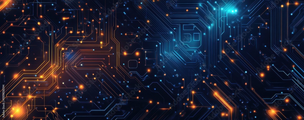 Abstract illustration of a circuit board pattern glowing with blue and ...