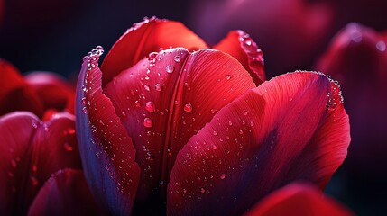 Poster -   A red flower with water droplets on its petals against a dark background