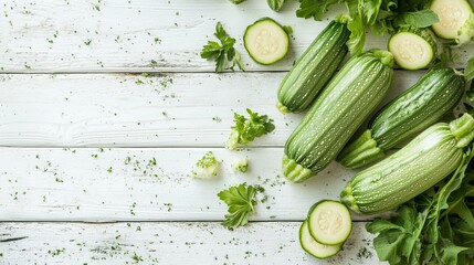 Tender green zucchini rest upon a rustic white wooden table, awaiting culinary transformation. 