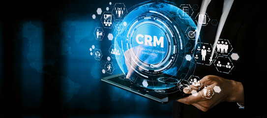 CRM Customer Relationship Management for business sales marketing system concept presented in futuristic graphic interface of service application to support CRM database analysis. uds