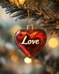 Poster - A close-up shot of a red heart ornament with a gold trim and the word Love written in white lettering. The ornament is hanging from a snowy pine branch.
