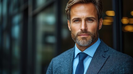 A confident businessman with a beard in a tailored suit stands outside a modern building during daylight hours