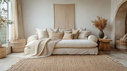 Wall Mural - A cozy living room with a white sofa, a large rug, and a vase with dried grass.