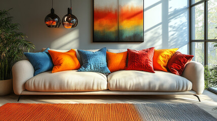 Poster - White couch with colorful pillows in a modern living room.