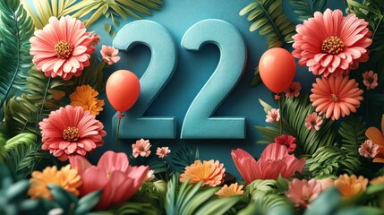 Sticker - Colorful floral arrangement featuring the number 22 with balloons.