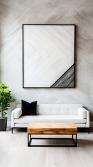 Wall Mural - Minimalist living room with a white sofa and a wooden coffee table.